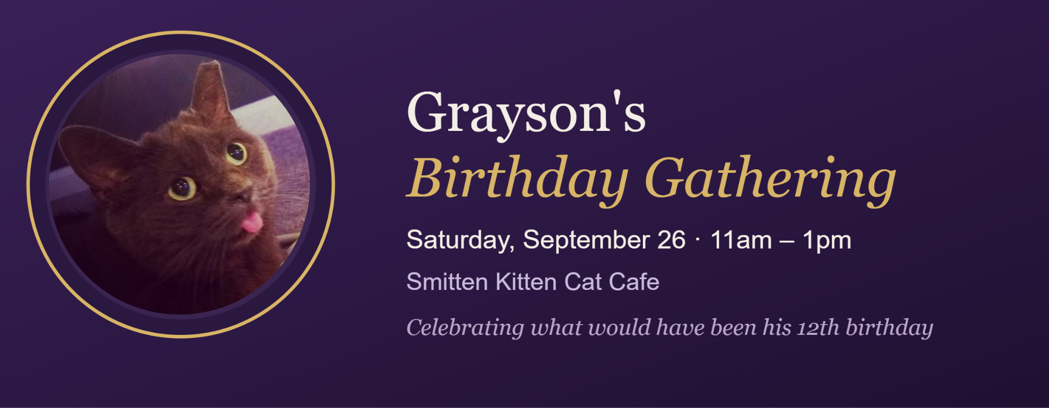Grayson's Birthday Gathering — Saturday, September 26 · 11am–1pm · Smitten Kitten Cat Cafe